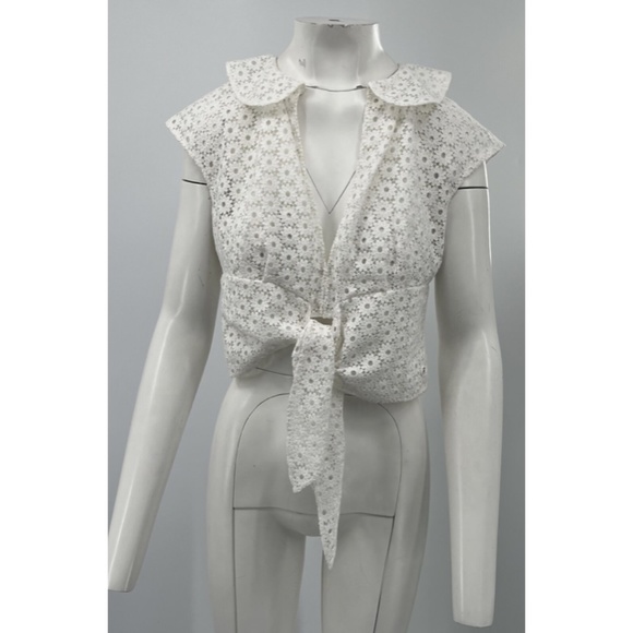 CHANEL 21C White Floral Lace Embroidered Collar Short Sleeve Tie Crop Top sz 40
